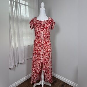 Pink, Red & White Floral Print Button Front Short Sleeve Stretchy High Low Dress